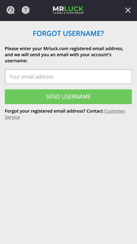 Mr Luck forgot username screen