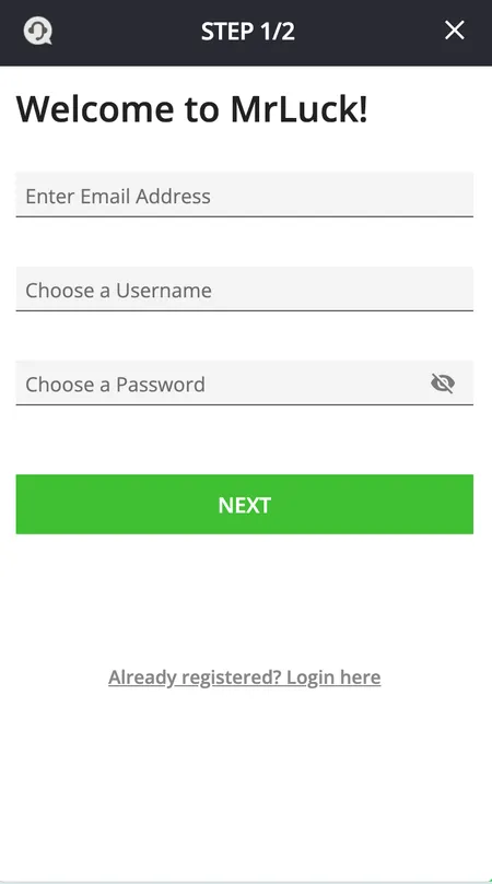 Mr Luck registration step one - account details form