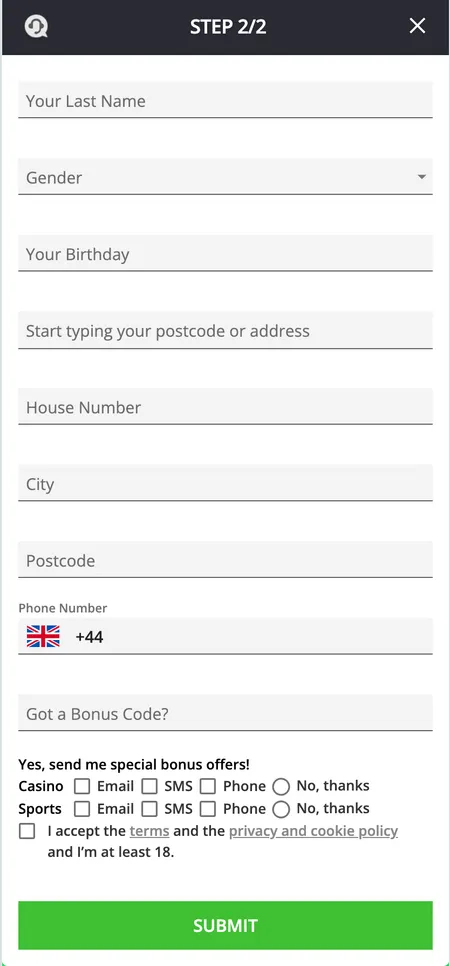 Mr Luck registration step two - limits and confirmation