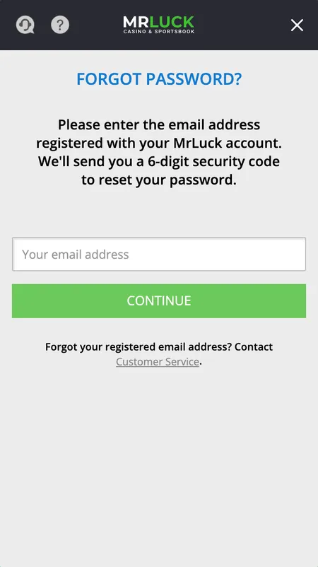 Mr Luck password reset screen with email field